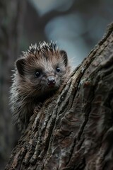 Aufkleber - A small hedge sitting on top of a tree. Suitable for nature and outdoor themes