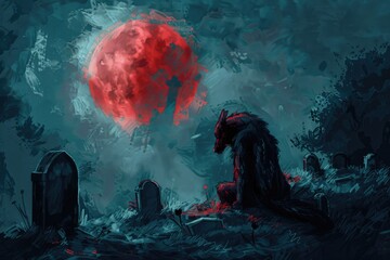 Poster - A person sitting in front of a red moon. Suitable for various creative projects