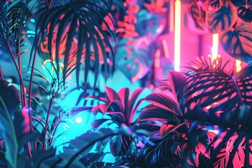 Poster - Vibrant plants with neon lights in the background, ideal for futuristic designs