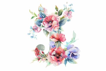 Poster - Beautiful watercolor painting of a letter J adorned with colorful flowers. Perfect for various design projects