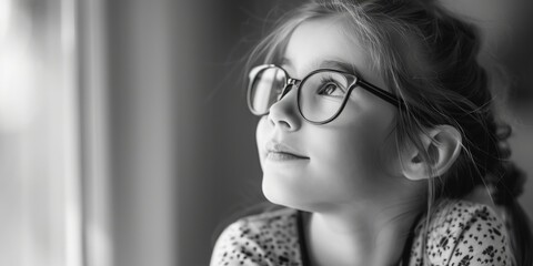 Poster - A little girl wearing glasses looking out a window. Suitable for educational or curiousity-themed designs