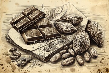 Poster - A drawing of chocolate and nuts on a table. Suitable for food and nutrition concepts