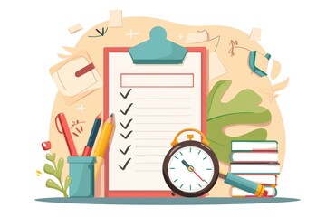 Aufkleber - A clipboard with a checklist and a clock, perfect for time management concepts