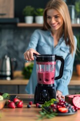 Canvas Print - Woman blending ingredients in a smoothie maker. Great for healthy lifestyle concept