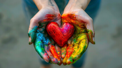 Poster - A pair of hands painted in rainbow colors gently holds a red heart, with intricate steampunk details subtly enhancing the design. Set against a minimalist color background, this image provides ample