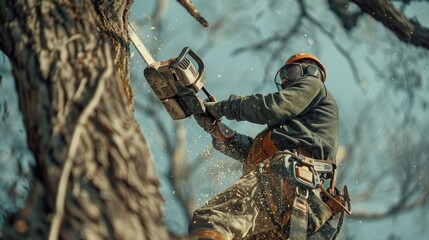 Aufkleber - A man using a chainsaw to cut down a tree. Ideal for forestry or construction concepts