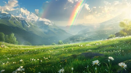 Wall Mural - Meadow Freshness in the Valley under Rainbow at Dawn