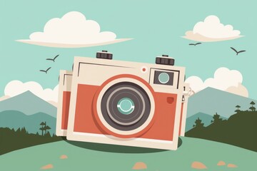 Aufkleber - Orange and white camera on a lush green field. Ideal for technology or nature concepts