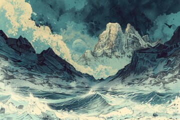 Aufkleber - A picturesque painting of a mountain overlooking the ocean with waves. Suitable for travel and nature themes
