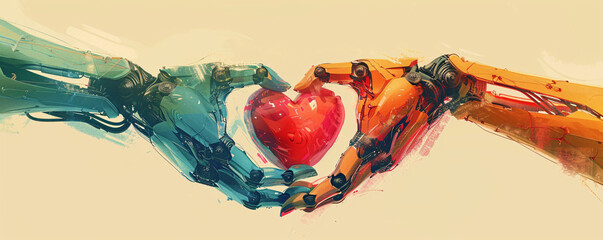 Poster - In a minimalist setting, rainbow-colored hands with steampunk details grasp a red heart, creating a striking contrast against the plain background. The composition is clean and uncluttered, offering