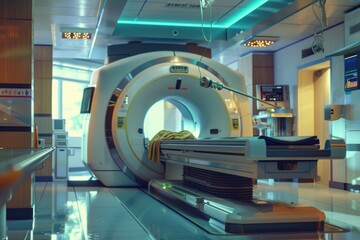 Poster - An image of a large MRI machine in a medical room. Suitable for healthcare and technology concepts