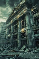 Poster - A large building with debris on the ground, suitable for construction or disaster concepts