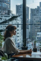 Aufkleber - A woman sitting at a table in front of a window. Perfect for home office or relaxation concept