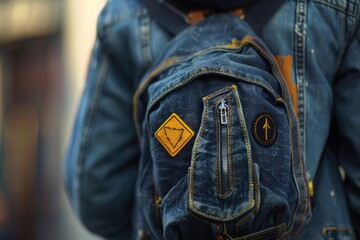 Poster - A person wearing a denim jacket and carrying a backpack. Suitable for travel or outdoor activities
