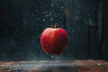 Poster - An apple falling into water on a table. Suitable for food and nature concepts