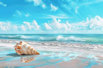 Poster - A seashell resting on the sandy beach with the beautiful ocean in the background. Ideal for nature and travel concepts