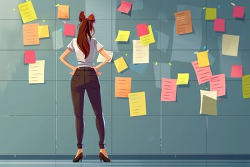 Poster - A woman standing in front of a wall covered in post it notes. Suitable for business and organization concepts