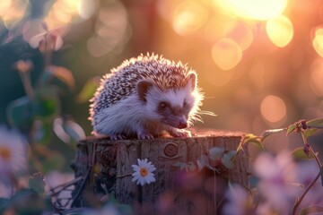 Aufkleber - A hedge sitting on top of a tree stump, suitable for nature or landscaping themes