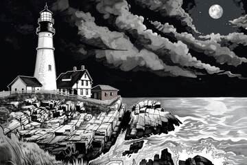 Poster - A black and white drawing of a lighthouse at night. Ideal for architectural or nautical designs
