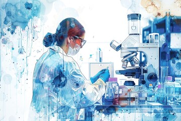 Poster - A woman in a lab coat using a microscope. Suitable for scientific research projects