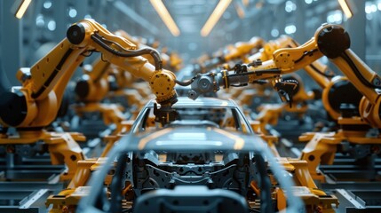 Car production line with robot arms in a car factory, photo of a modern automotive plant using robotic arms to build cars on the assembly lines, Front View