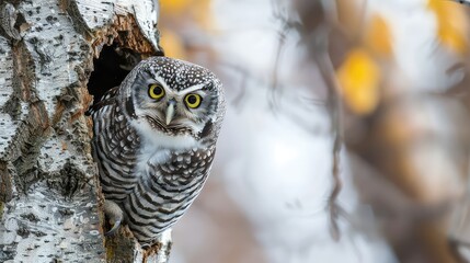 Wall Mural - Whimsical scene of a Northern hawk-owl peeking out from a tree hollow, its curious expression and playful demeanor adding a touch of charm to the captivating moment.