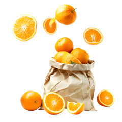 oranges fruit falling from hole in the bag, PNG image, no background