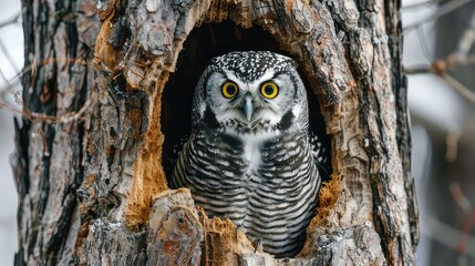 Canvas Print - Enchanting moment frozen in time as a Northern hawk-owl cautiously emerges from its tree hollow, its vigilant eyes scanning the forest for prey.