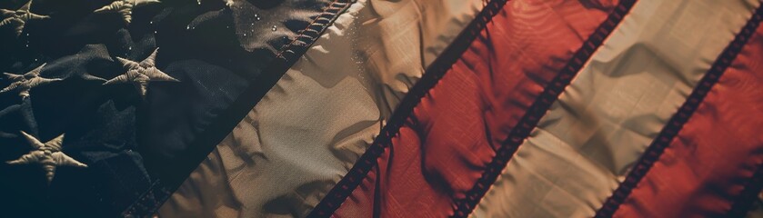  A close - up shot of a weathered American flag waving in the wind, with a teardrop glistening on the fabric 