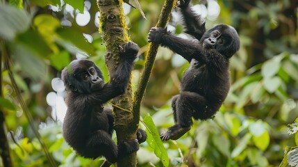 Wall Mural - Dynamic shot of two young mountain gorillas hanging from tree branches, their playful antics and infectious energy filling the forest with a sense of vitality and joy. 