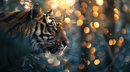 Wall Mural - Gorgeous close-up of a Bengal Tiger's distinctive markings, with bokeh lights creating a magical backdrop in the depths of the forest. 