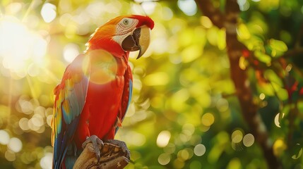 Wall Mural - A mesmerizing shot capturing the majestic presence of a scarlet macaw as it perches on a tree branch, its colorful feathers illuminated by the golden rays of the sun.