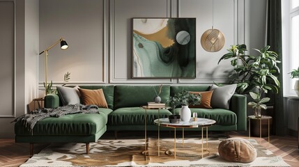 Wall Mural - Modern living room with a green sofa, coffee table, pouf, plant, lamp, carpet, and gold decor. Accessories include a mock-up poster frame.