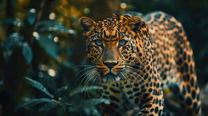 Wall Mural - An inspiring image showcasing the sleek and agile form of a leopard in its entirety, with its graceful movements and intense gaze captured against a mesmerizing background.