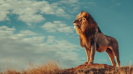 Wall Mural - An engaging photo featuring the full-length profile of a lion set against a picturesque backdrop, offering a captivating and dynamic option for a high-resolution 4K wallpaper. 