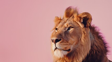 Wall Mural - A captivating shot showcasing the strength and grace of a lion against a subtle pink backdrop, with its regal presence and striking features creating a mesmerizing scene in stunning 4K resolution.