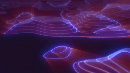 Wall Mural - Purple looped futuristic hi-tech landscape with mountains and canyons from glowing energy circles and magic lines. Abstract background