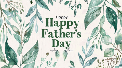 A Father's Day card with a natural theme that features watercolor leaves and branches and the words 'Happy Father's Day' in green font on a light beige backdrop