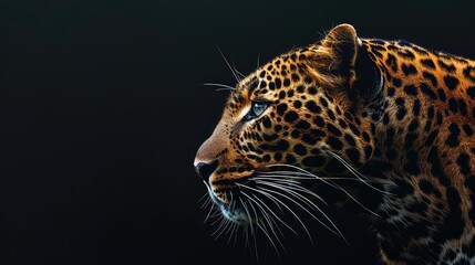 Wall Mural - An inspiring shot showcasing the intricate details of a leopard's coat against a deep black background, with its piercing eyes adding to the mystique of this beautiful predator in stunning.