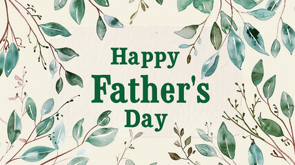 A nature-themed Father's Day card with 'Happy Father's Day' in green text on a light beige background, decorated with watercolor leaves and branches