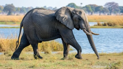 Wall Mural - An engaging photo showcasing the magnificence of an African elephant in National Park, its elegant stride and swaying trunk captured in exquisite detail in mesmerizing 8K resolution.