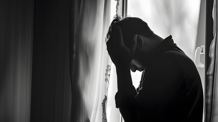 Fototapete - Monochrome photo of a depressed man silhouetted by the light of a window and holding his head in his hands : Generative AI
