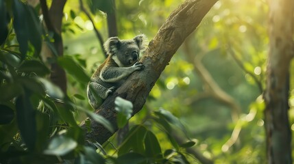 Poster - An atmospheric shot capturing the serenity of a koala bear enjoying its meal on a tree branch, with the vibrant greenery of the forest providing a stunning backdrop for a 4K wallpaper. 