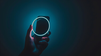 Poster - Phone in hand Silhouette of male hand holding bezelless smartphone with futuristic neon light circle on dark background Screen is cut with clipping path : Generative AI