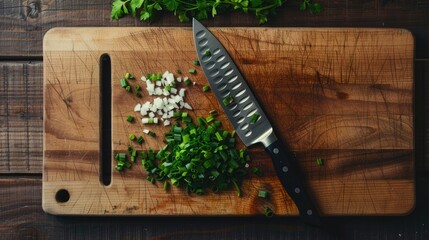 Poster - Chopping board with a knife and diced scallions