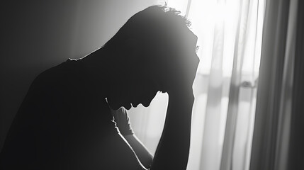 Fototapete - Monochrome photo of a depressed man silhouetted by the light of a window and holding his head in his hands : Generative AI