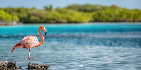 Wall Mural - A captivating photo showcasing a flamingo against the backdrop of a stunning natural landscape, with the vibrant colors and serene waters providing an ideal setting for a 4K wallpaper.