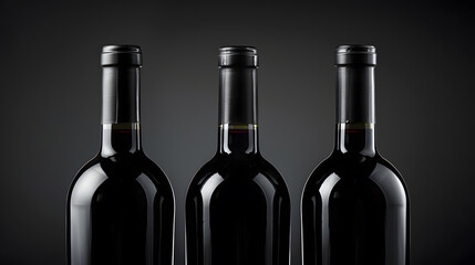 Poster - Three bottles of red wine dark glass bottle without label mock up black background with copy paste : Generative AI