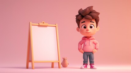 Sticker - Cute 3D cartoon boy standing next to a blank board. AI.