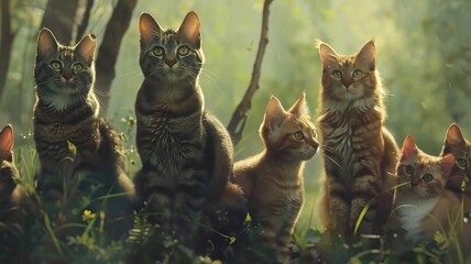 A group of cats are sitting in a field, with one of them looking at the camera
